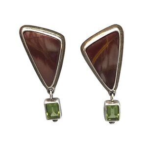 OOAK Obsidian Sterling Stone Earrings with Peridot Dangle, Vintage Mauve Natural